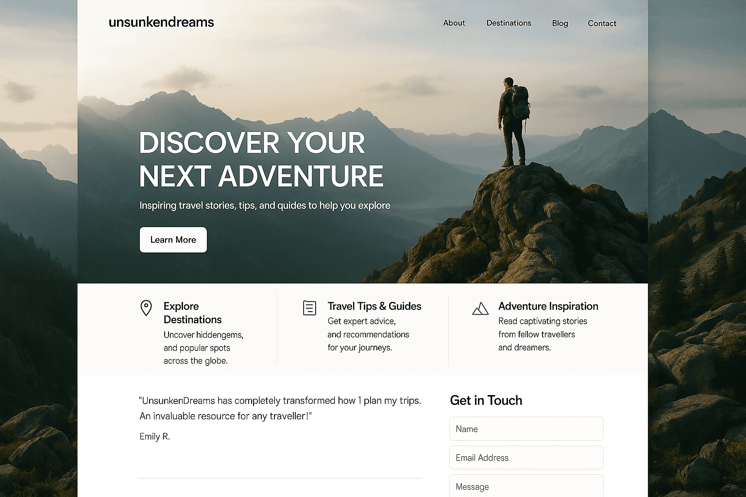 unsunkendreams.com website mockup